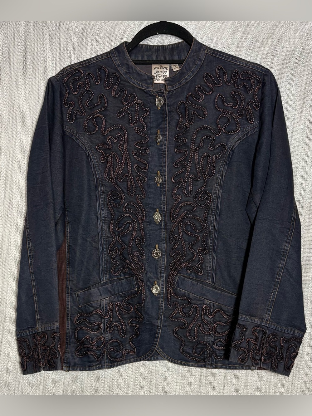 Parsley & Sage Dark Denim Jacket Embroidered Boho Art